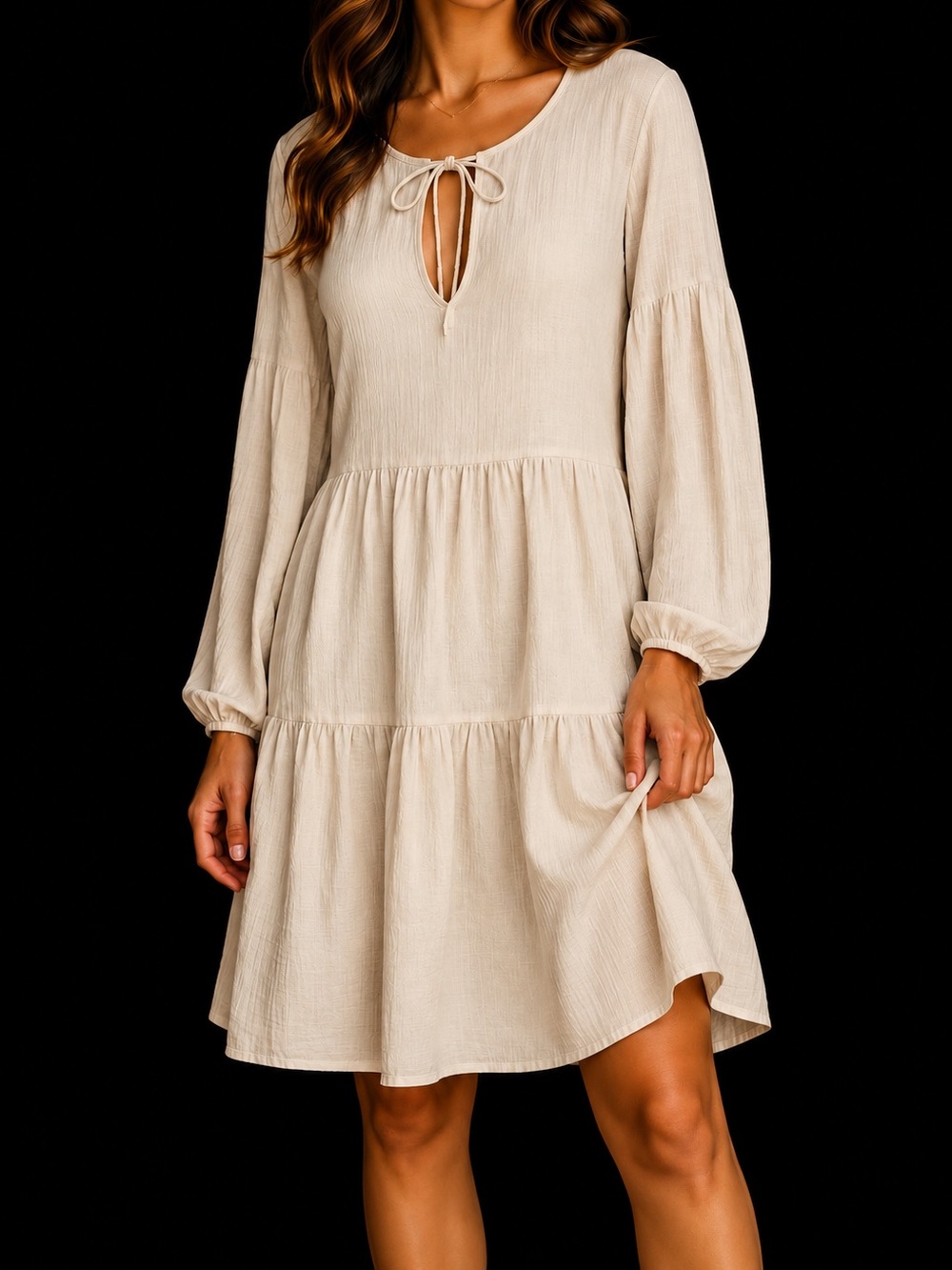 Women's Long Sleeve Tiered Tie-Neck Dress in Beige